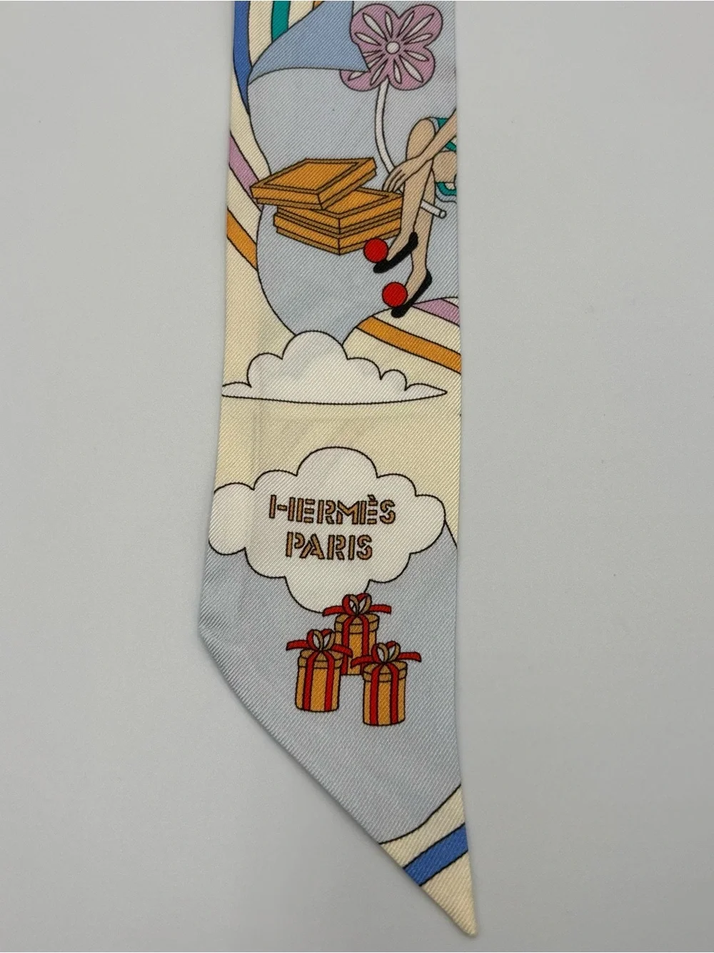 Hermès Twilly Carrés Volants Gris Perle Multicolor Scarf Ribbon Hair Tie - Picture 4 of 6